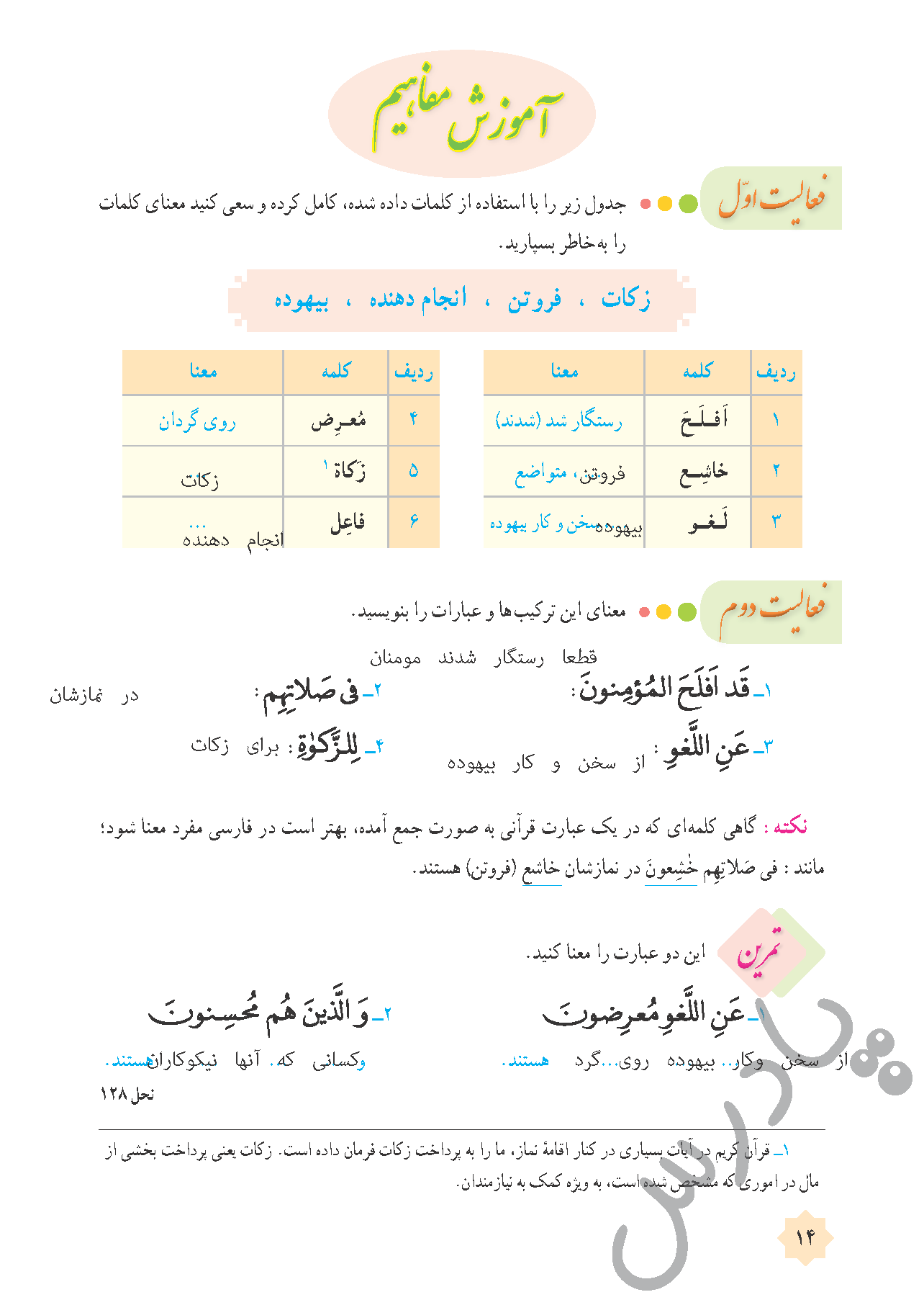 پاسخ درس یک قرآن هشتم  صفحه 1