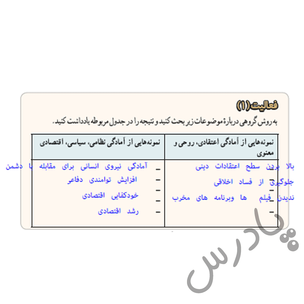 پاسخ درس دو آمادگی دفاعی نهم  صفحه 1