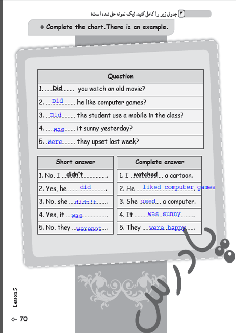 پاسخ درس پنج کتاب کار زبان انگلیسی نهم  صفحه 3