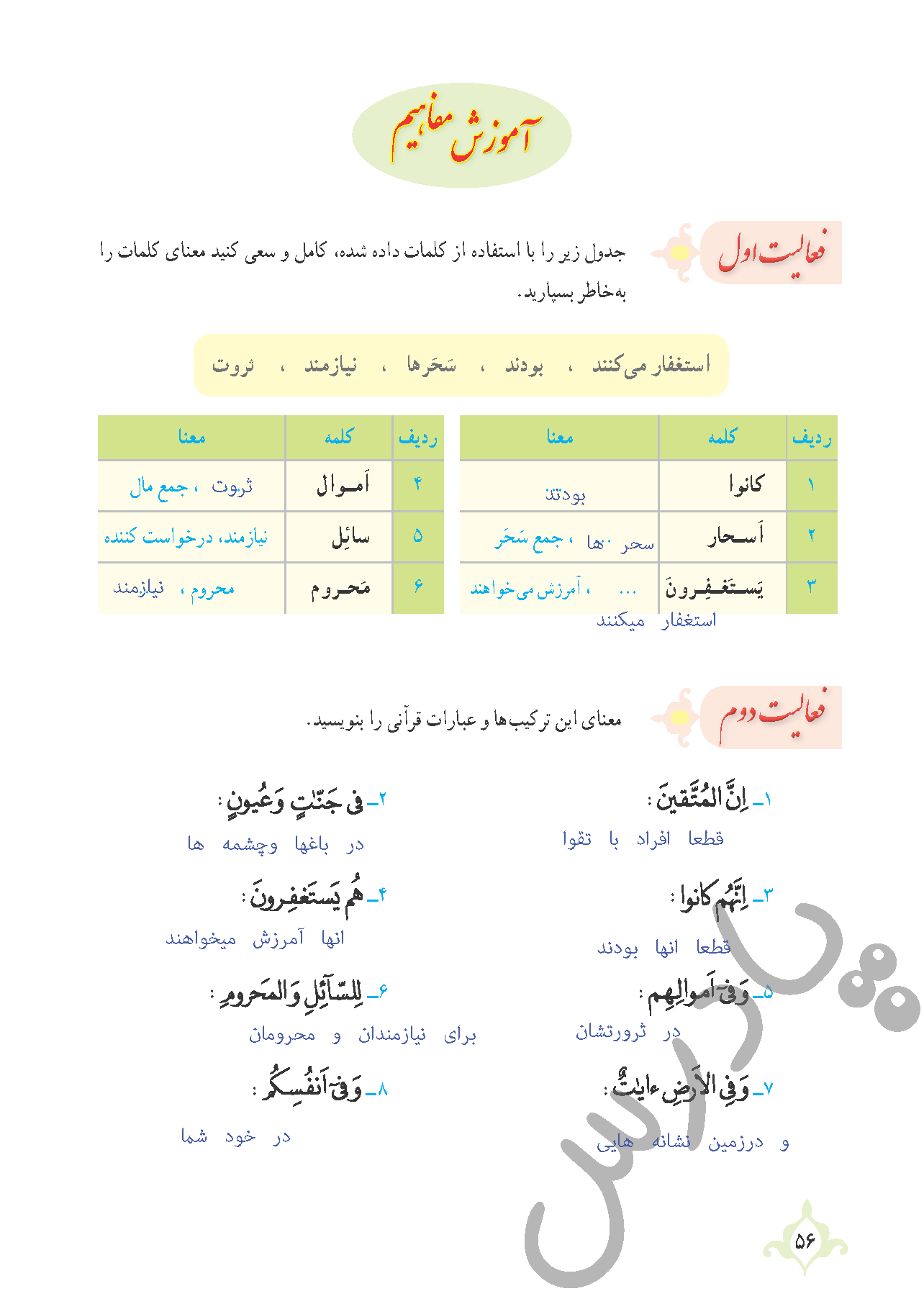 پاسخ درس پنج قرآن نهم  صفحه 1